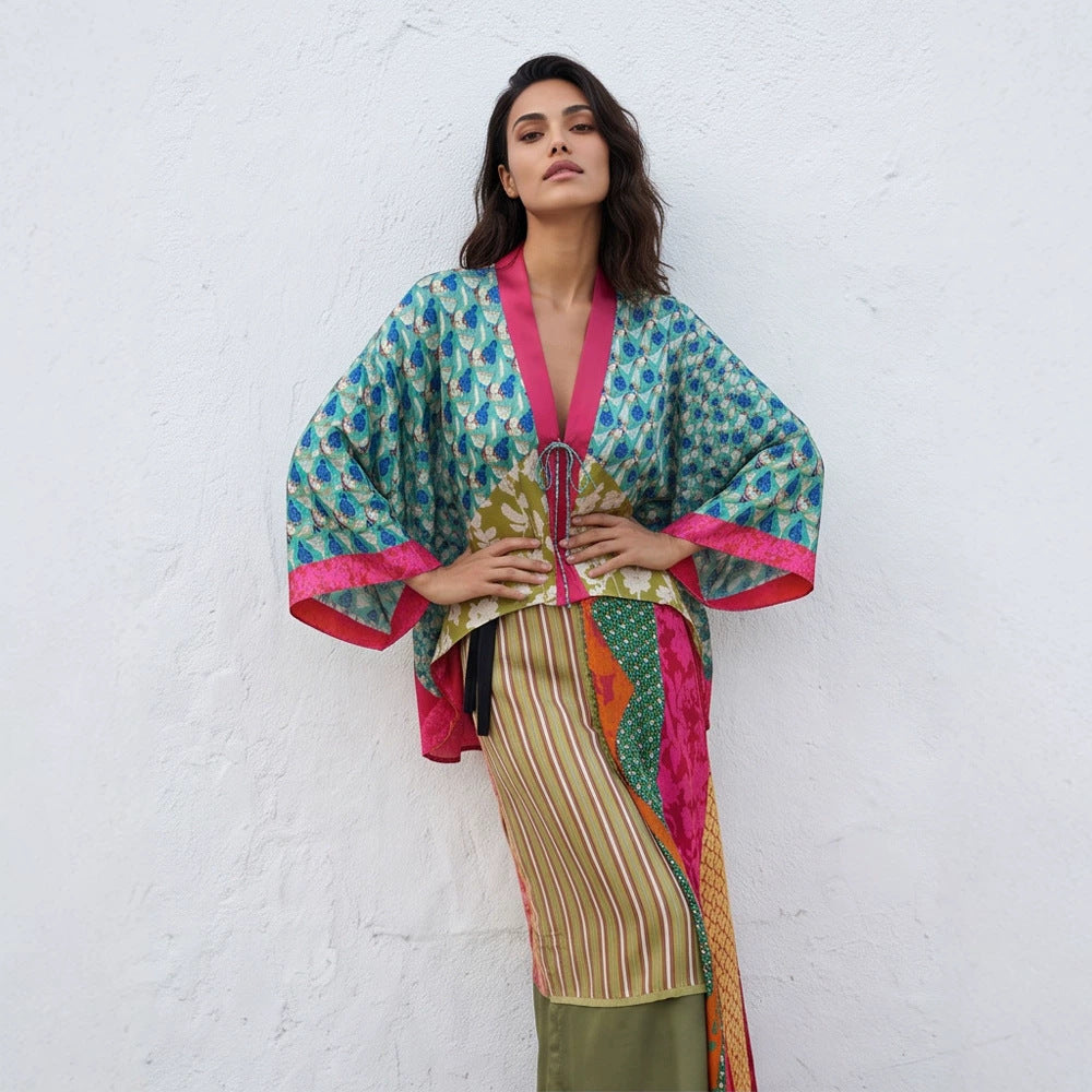 Women's Patchwork Kimono Top made of silk blend with deep V-neck and tie belt Amarae