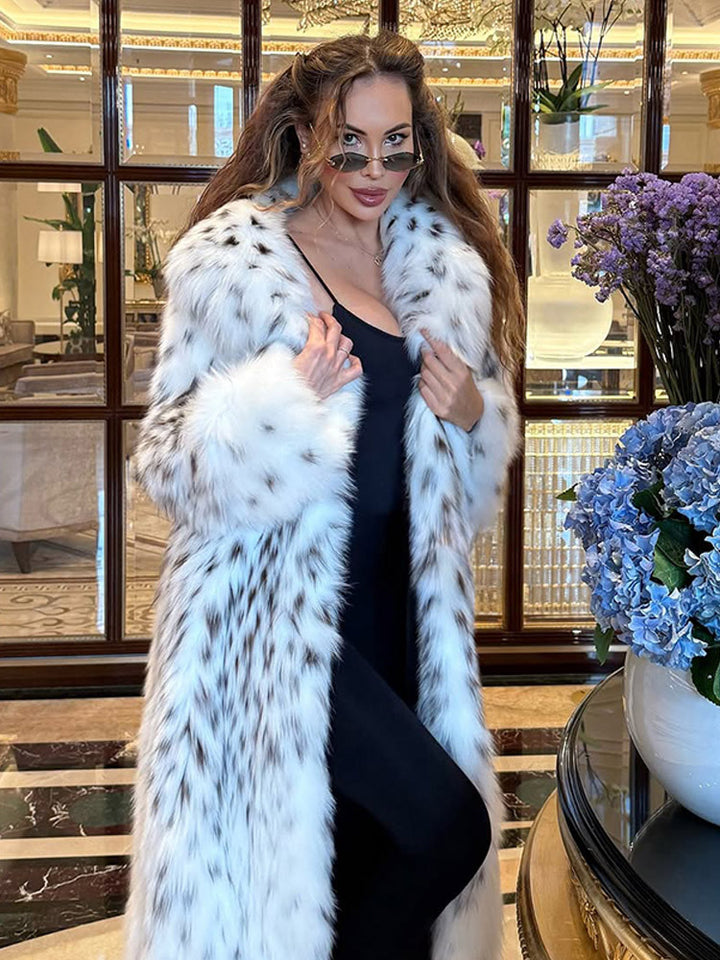 Women's luxurious long plush faux fur coat with opulent fur collar and speckled design Amarae