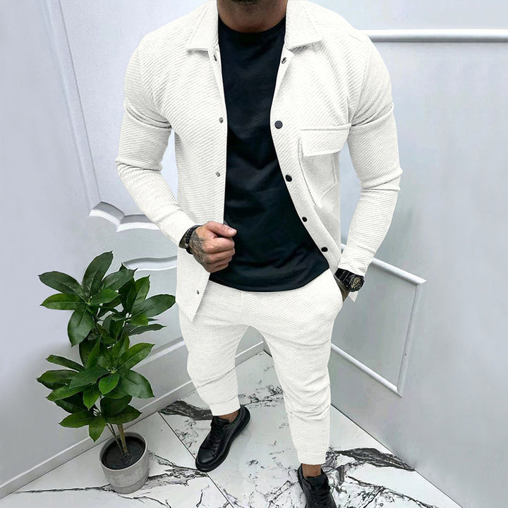 Men's trendy knitted top with contrasting vertical stripes and comfortable jogger pants Lune London