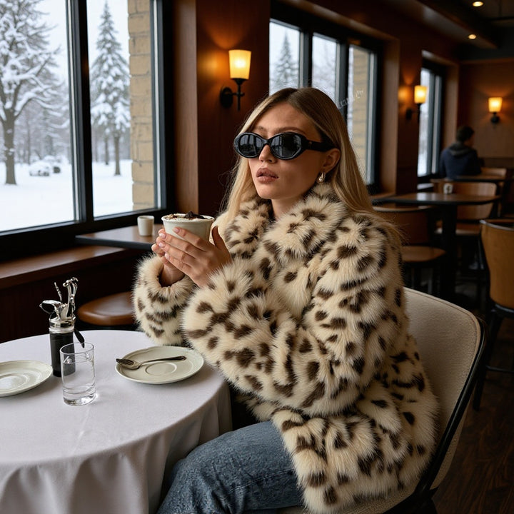 Women Padded Faux Fur Coat with Leopard Print, Oversized Silhouette and Stand-Up Collar Amarae