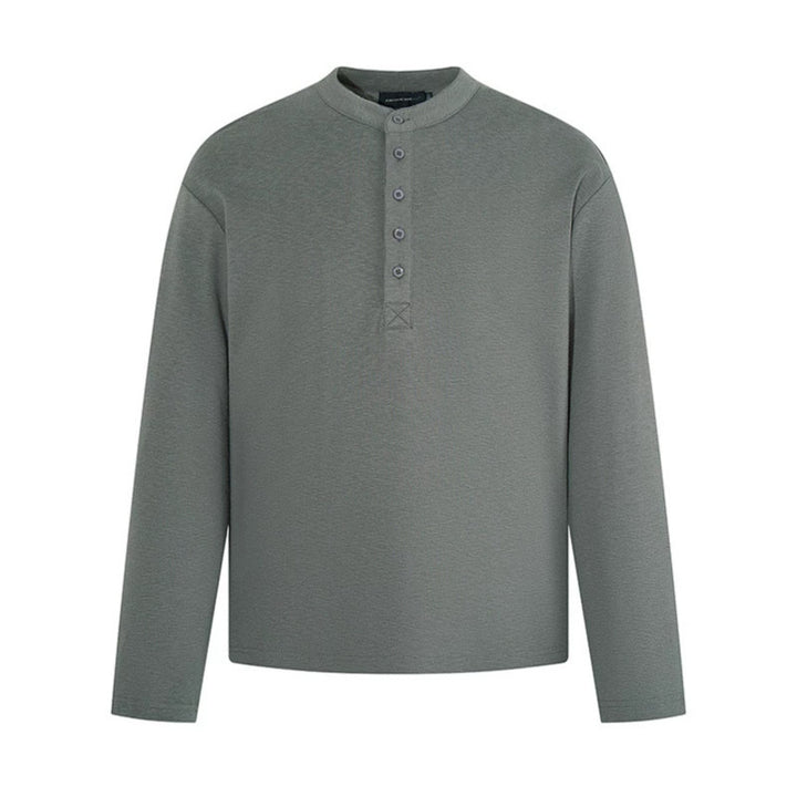 Men's Long Sleeve Henley Shirt with Stand Collar and Button Closure made of Textured Jersey Amarae