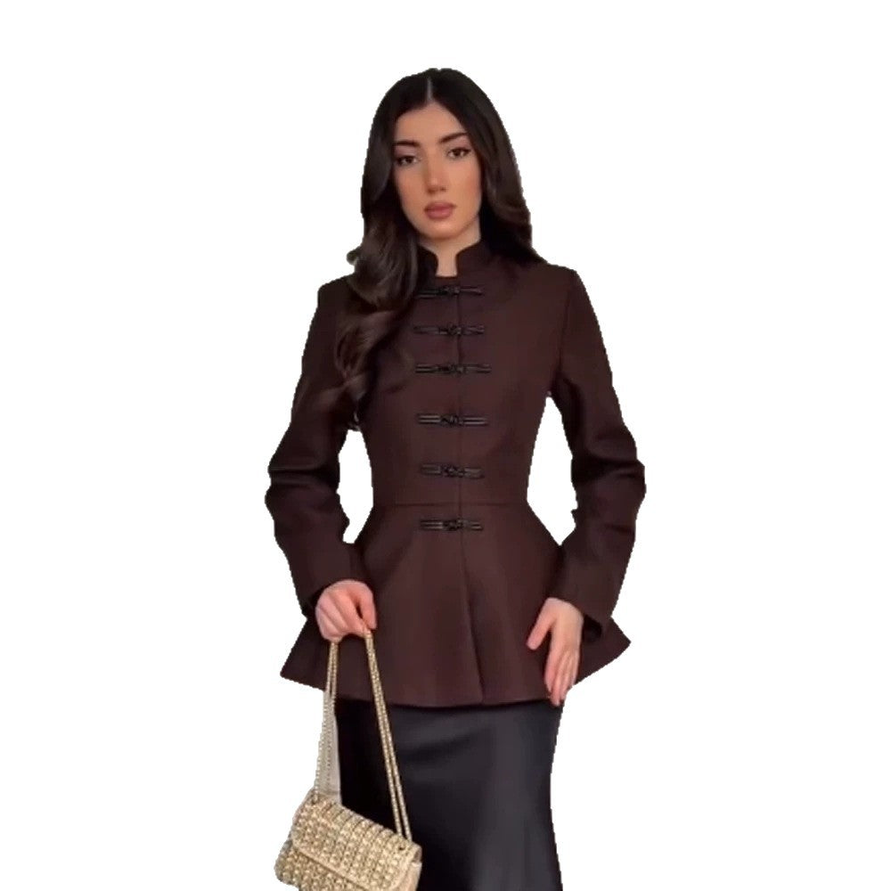 Women's Tailored Peplum Jacket with Stand Collar and Decorative Toggle Fasteners Amarae
