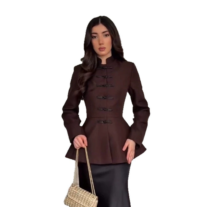 Women's Tailored Peplum Jacket with Stand Collar and Decorative Toggle Fasteners Amarae