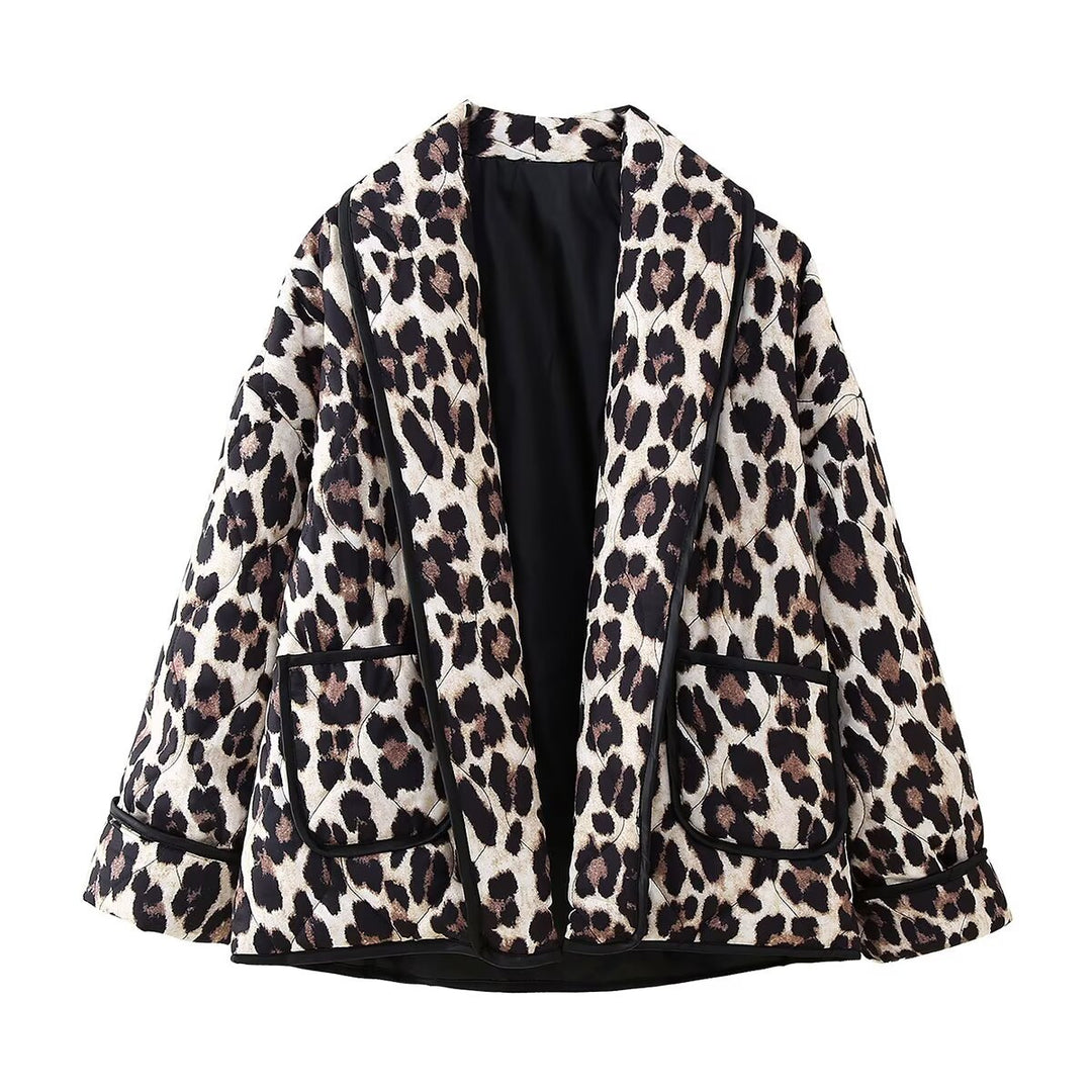 Women's Padded Kimono Jacket with Leopard Print, Oversized Cut and Patch Pockets Amarae