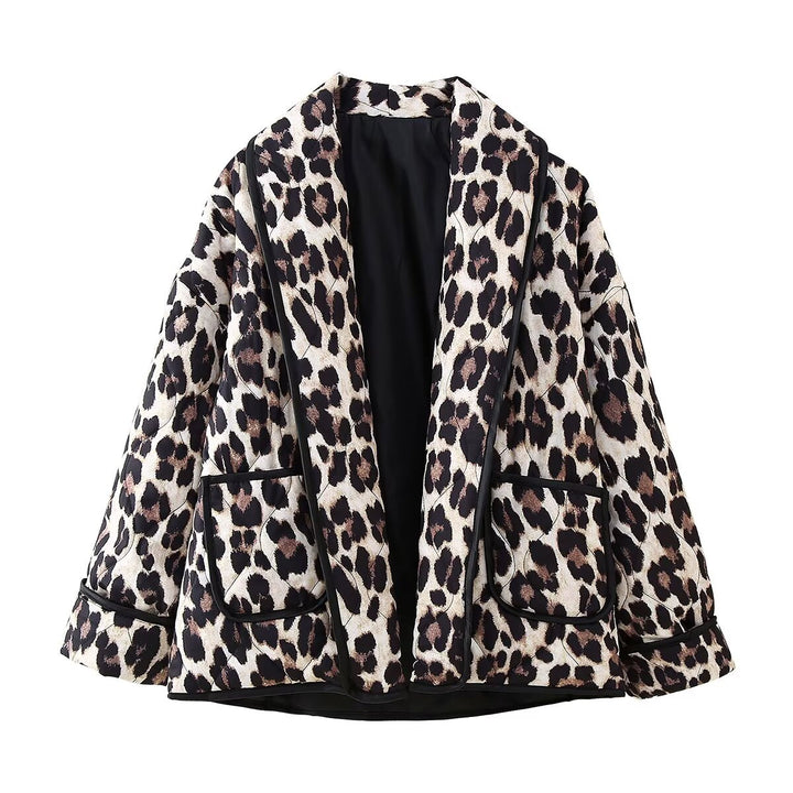 Women's Padded Kimono Jacket with Leopard Print, Oversized Cut and Patch Pockets Amarae