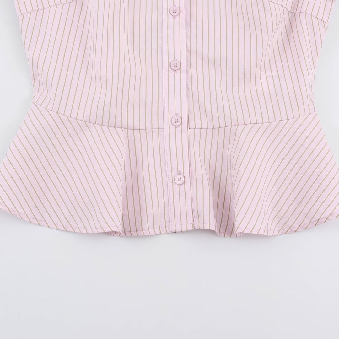 Women's Tailored Short Sleeve Blouse with Peplum, Shirt Collar and Fine Pinstripe Amarae