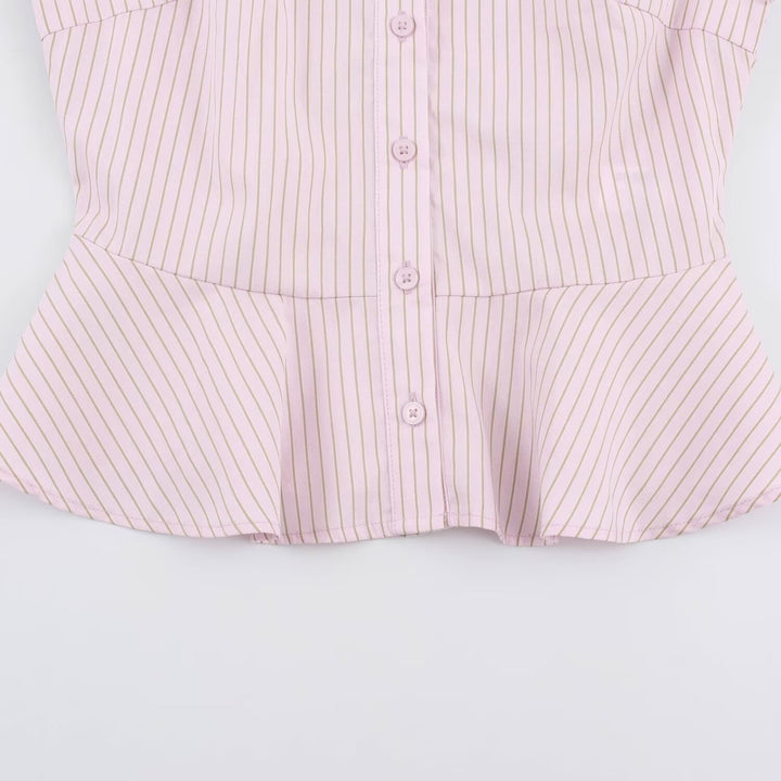 Women's Tailored Short Sleeve Blouse with Peplum, Shirt Collar and Fine Pinstripe Amarae