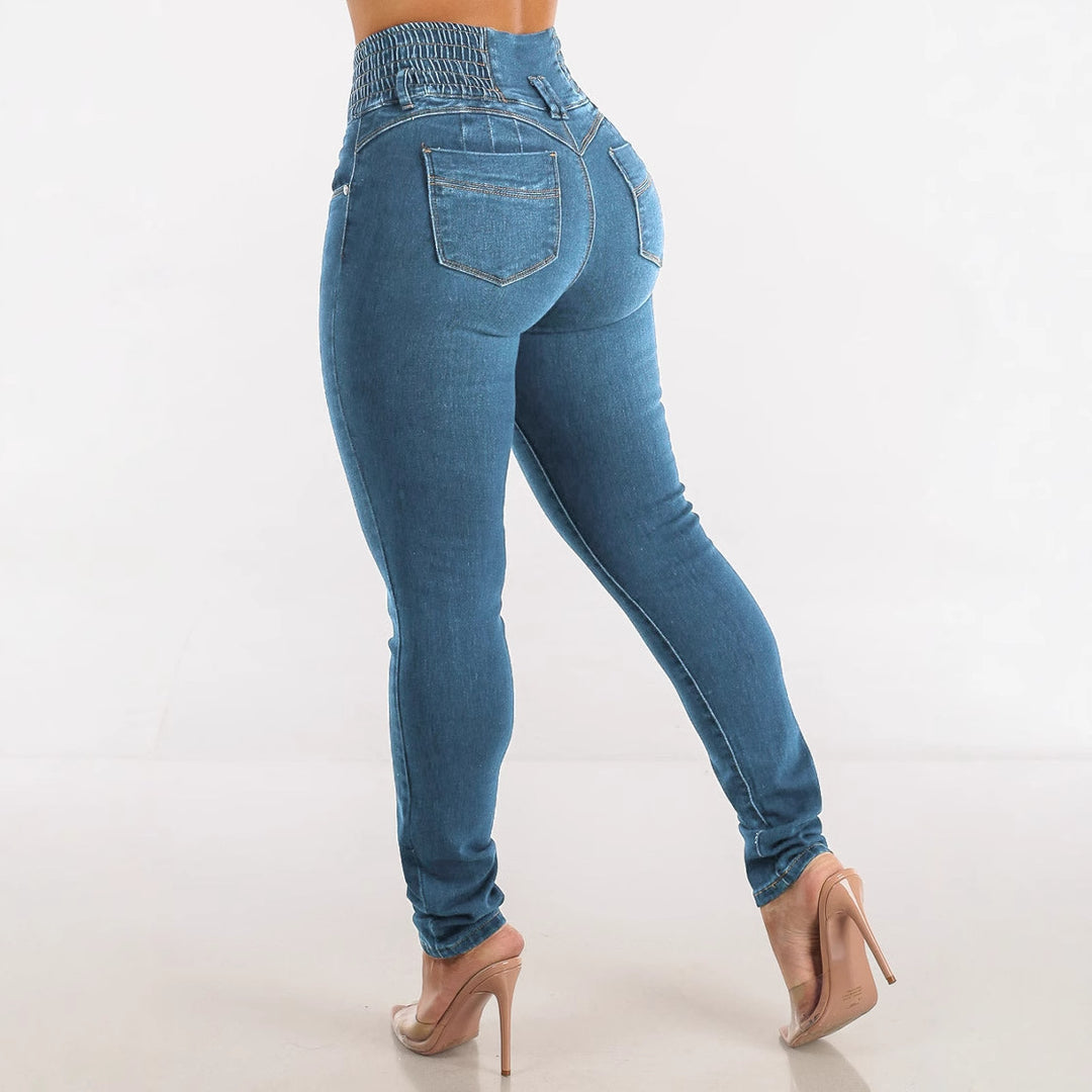 High-waisted skinny jeans for women with elastic waistband and decorative buttons Chic & Stil