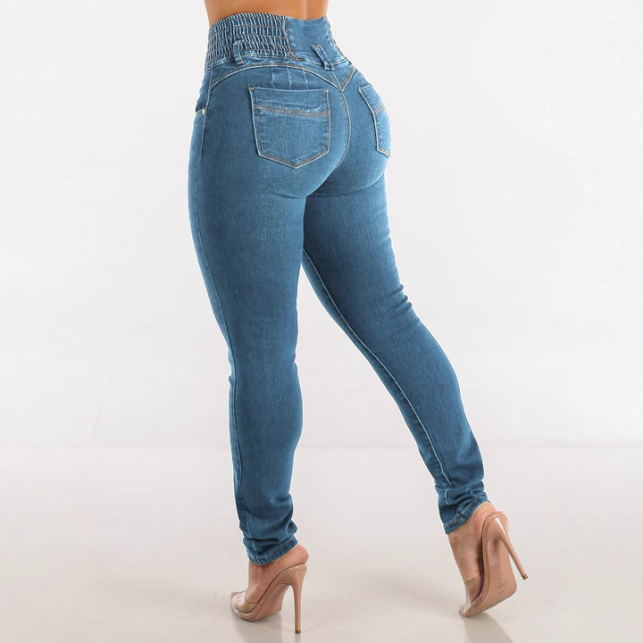 High-waisted skinny jeans for women with elastic waistband and decorative buttons Chic & Stil