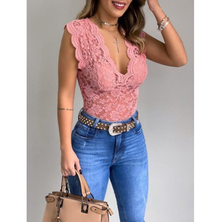 Women's Lace Bodysuit with Deep V-Neck and Ruffle Sleeves Lune London