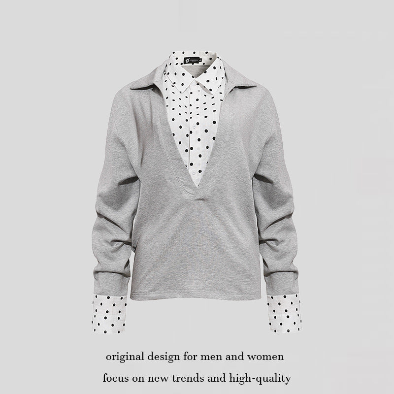 Women Layered Long Sleeve Shirt with Deep V-Neck, Attached Placket and Polka Dot Details Amarae