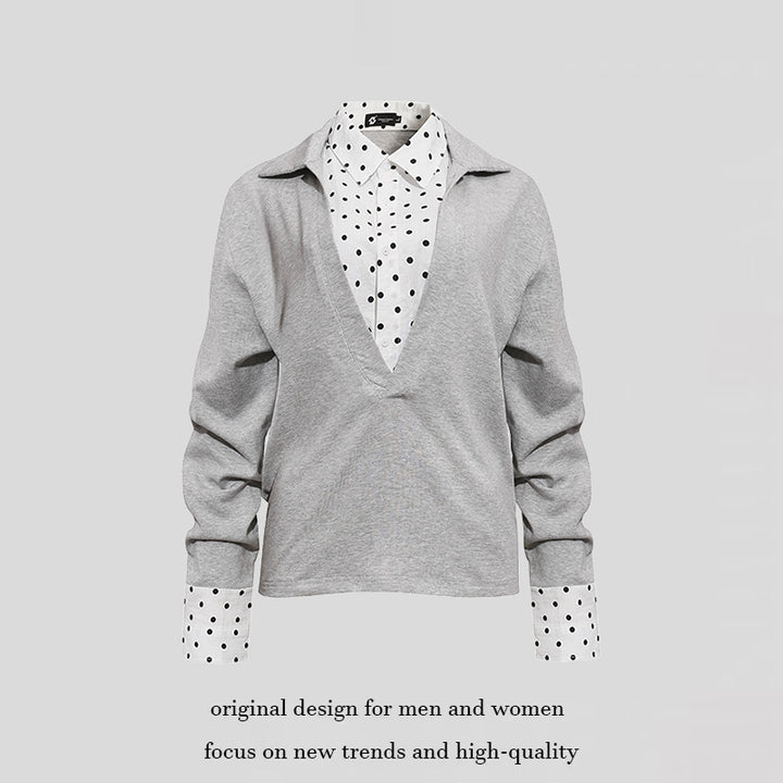 Women Layered Long Sleeve Shirt with Deep V-Neck, Attached Placket and Polka Dot Details Amarae