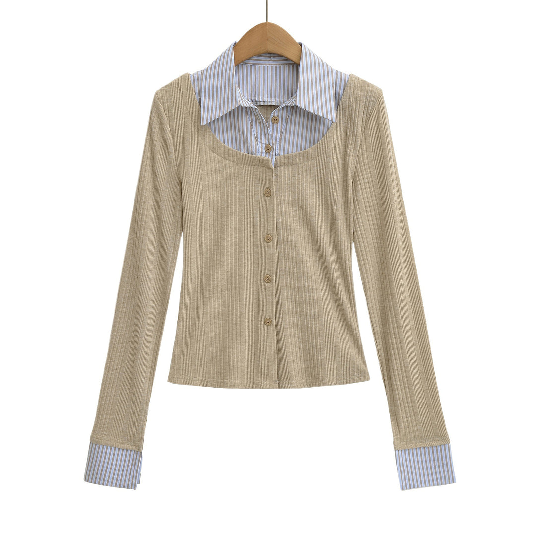 Ladies long sleeve t-shirt with elegant button placket and striped patterns Lune London