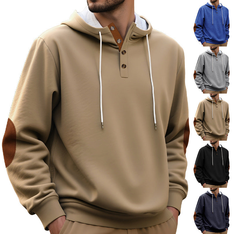 Hooded man with modern design of button placket and elbow patches Lune London