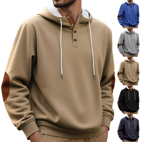 Hooded man with modern design of button placket and elbow patches Amarae