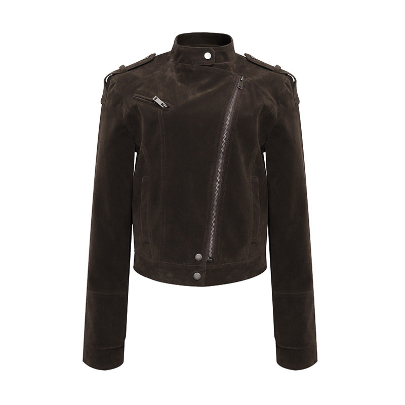 Women's Short Suede Leather Biker Jacket with Asymmetric Zipper and Stand-up Collar Amarae