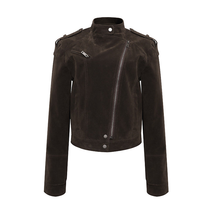 Women's Short Suede Leather Biker Jacket with Asymmetric Zipper and Stand-up Collar Amarae