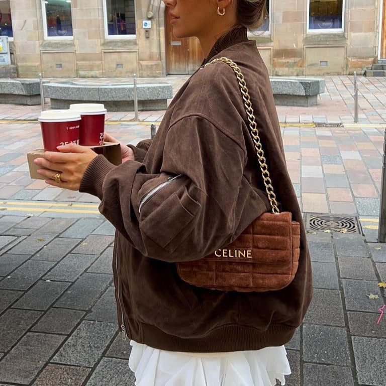 Women's Oversized Suede Bomber Jacket with Zipper & Ribbed Cuffs Amarae