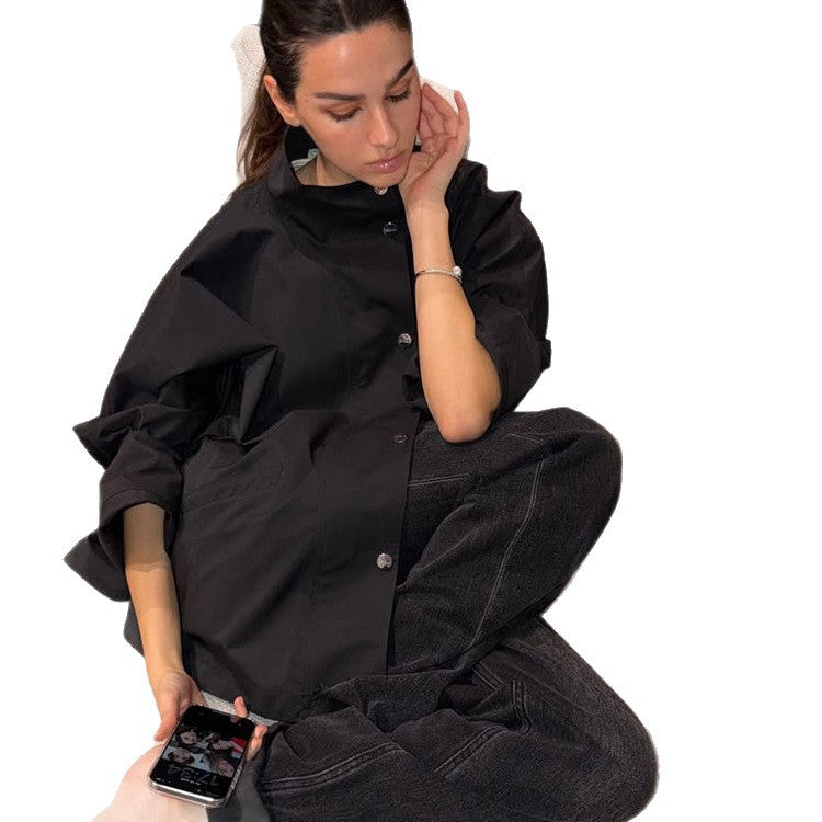 Women's oversized shirt jacket with stand collar, boxy silhouette and snap button placket Amarae