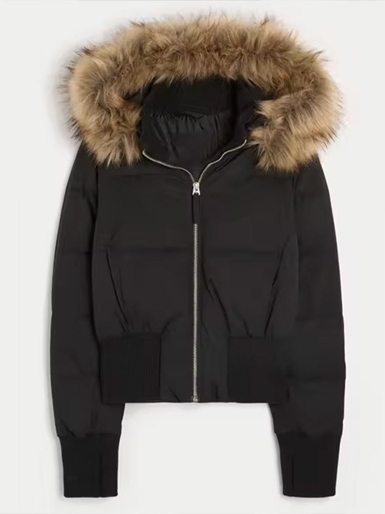 Ladies short quilted bomber style jacket with detachable faux fur hood Amarae