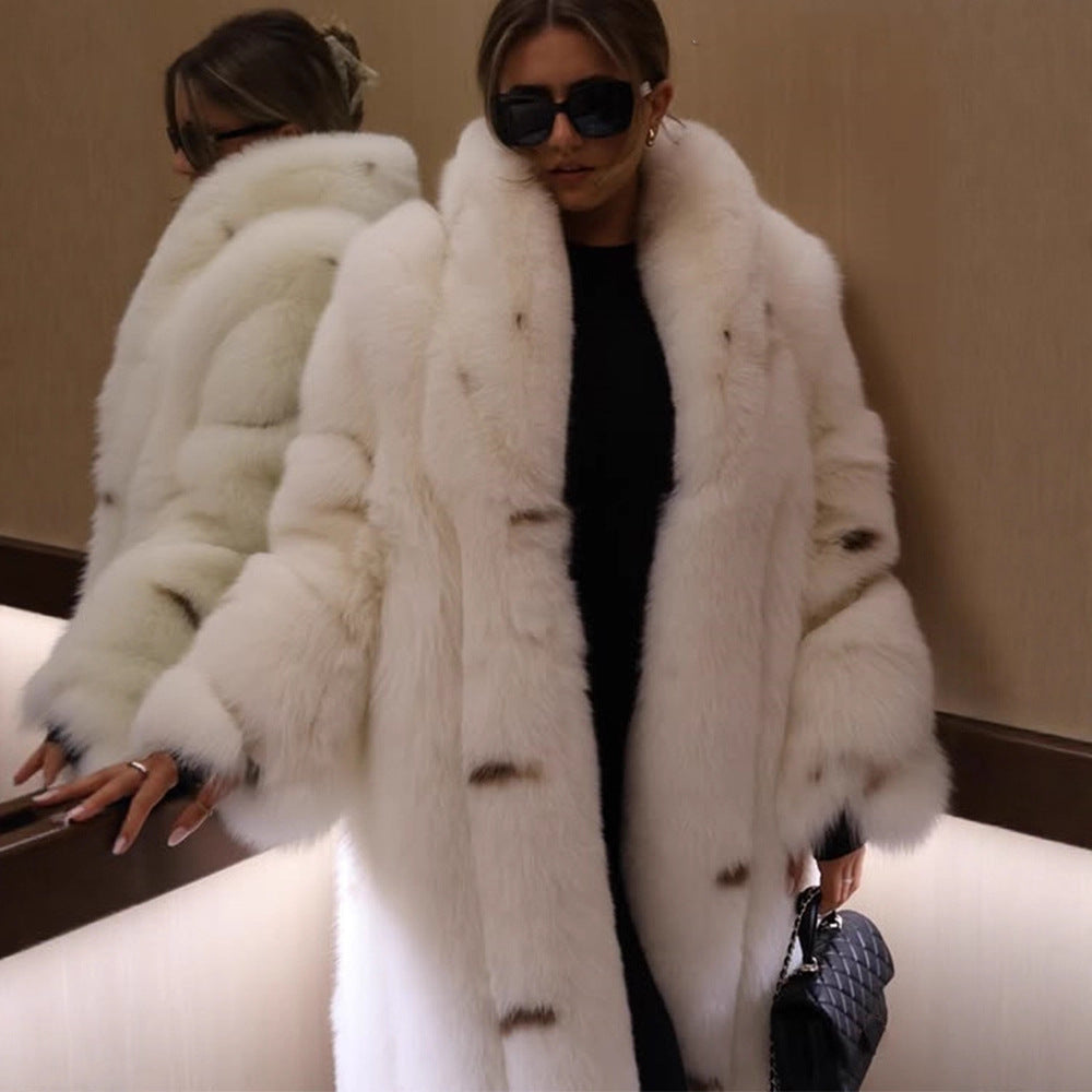 Women longer vegan faux fur coat with hood and voluminous fur collar Amarae