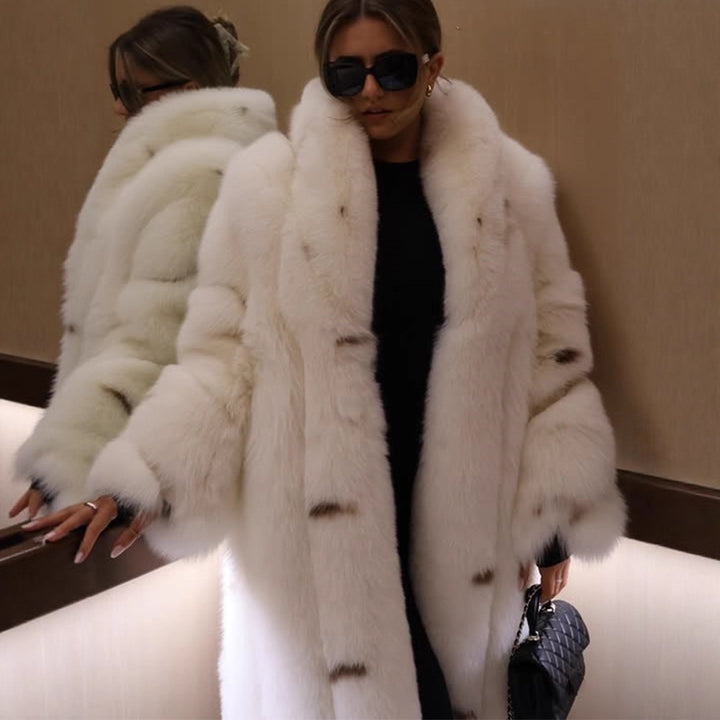 Women longer vegan faux fur coat with hood and voluminous fur collar Amarae