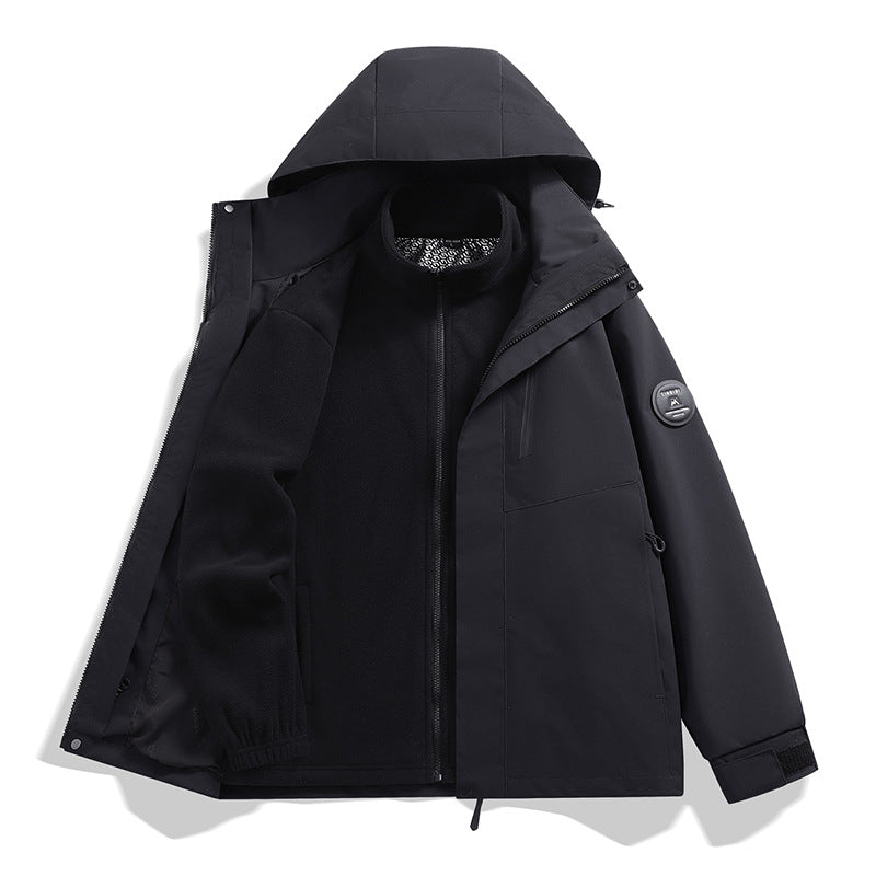 Men's softshell performance jacket with removable hood, concealed full-length zipper, and ergonomic cut Amarae