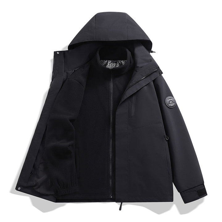 Men's softshell performance jacket with removable hood, concealed full-length zipper, and ergonomic cut Amarae