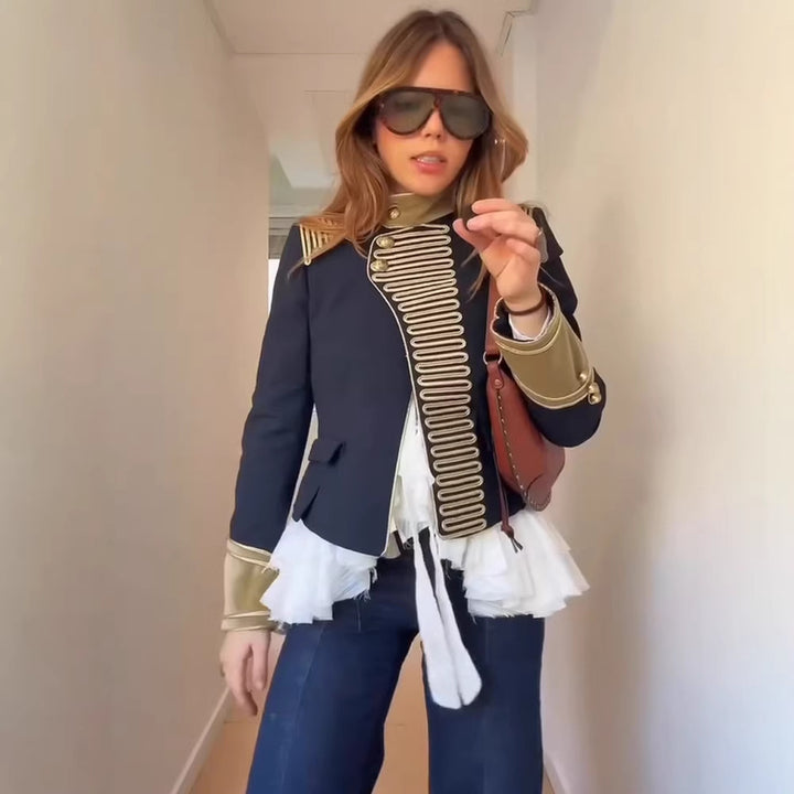 Women’s military-inspired short jacket with gold cord trim and stand-up collar Amarae