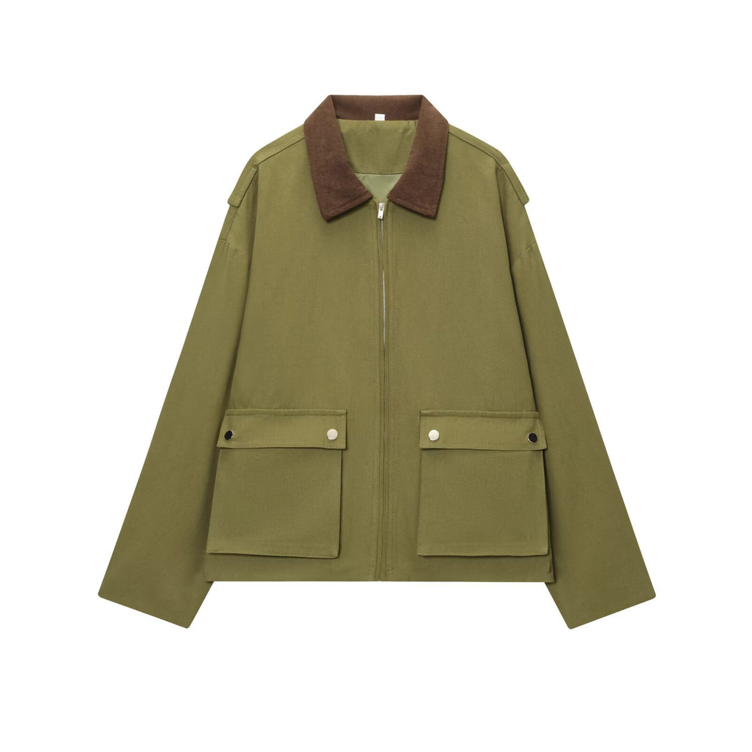 Women's utility field jacket with corduroy collar, zipper, and patch flap pockets Amarae