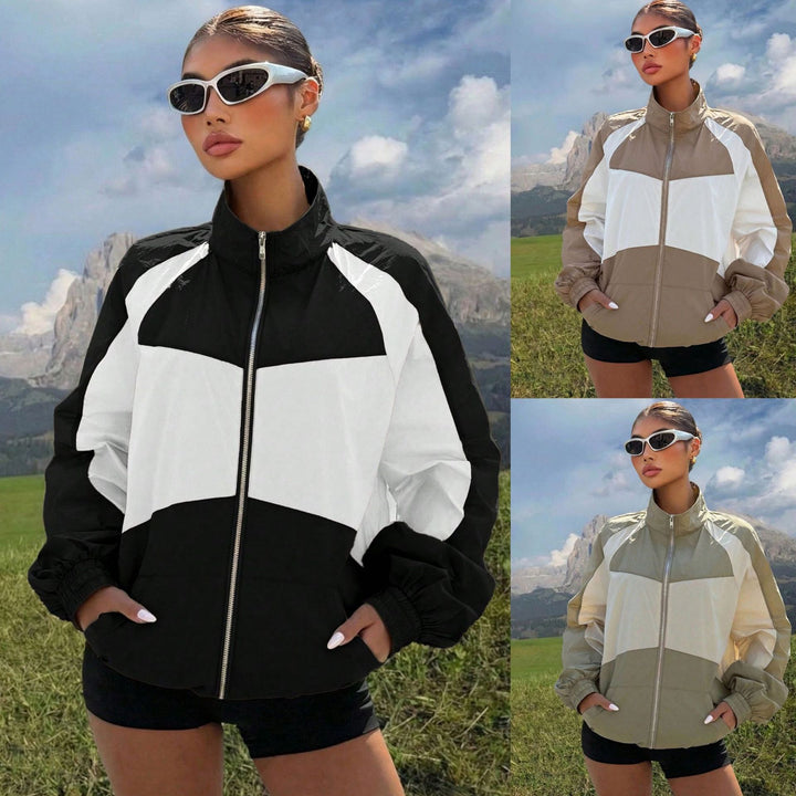 Women’s Lightweight Windbreaker Jacket with High Stand Collar and Colorblock Design Amarae