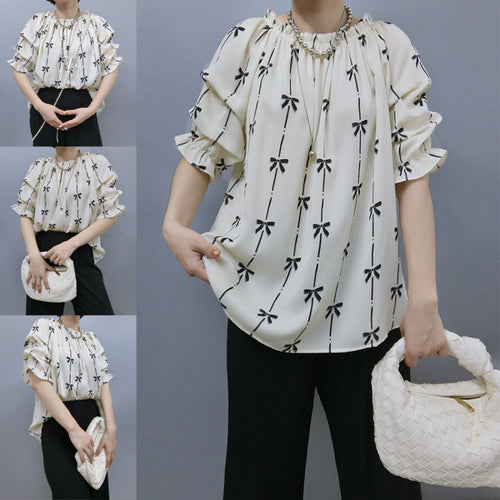 Blouse for women with ruffled sleeves and bow pattern Amarae