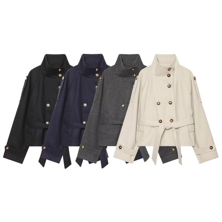 Women Short Double-Breasted Wool Blend Cape Jacket with Stand Collar and Waist Belt Amarae