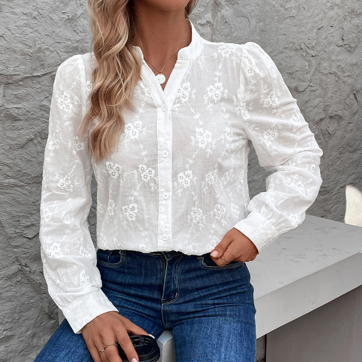 Elegant blouse for women with fine embroidery and high collar Lune London