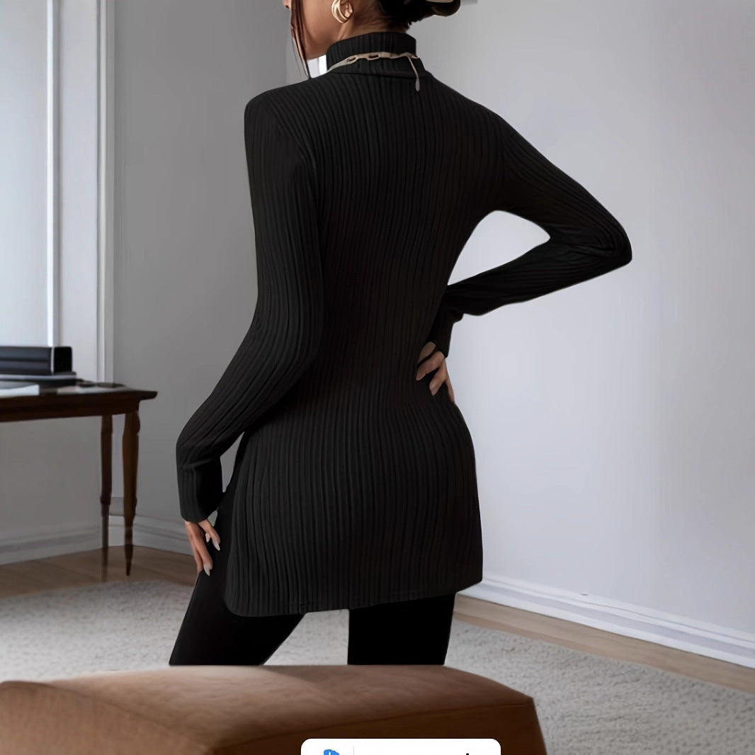Women Long Sleeve Ribbed Knit Top with Turtleneck Lune London