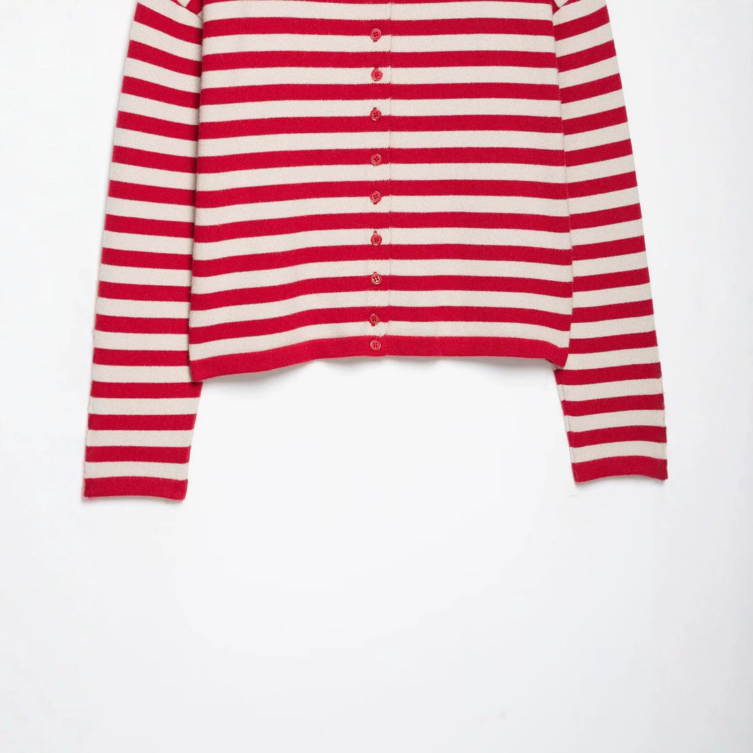 Women Striped Cropped Knitted Cardigan with Stand-up Collar Amarae