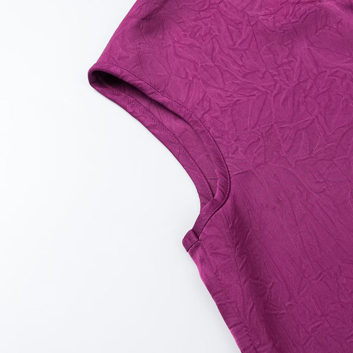Women's Sleeveless Crinkle Blouse with Button Placket and Embroidered V-Neck Dress