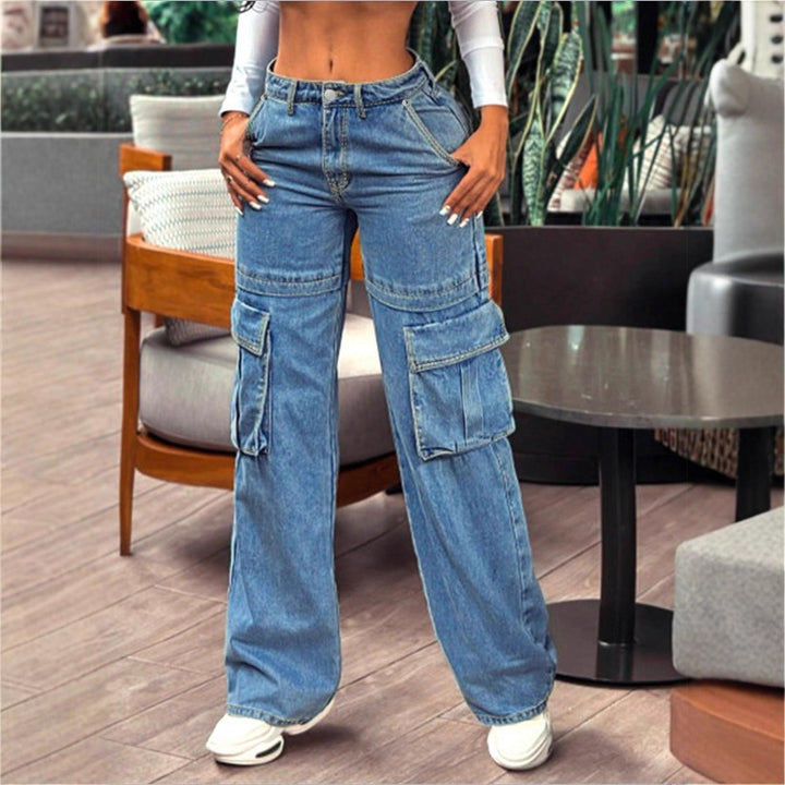 Women's casual cargo denim baggy trousers with extra-large flap pockets and straight leg Amarae