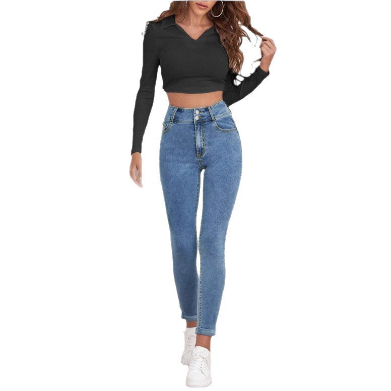 Women High-Waisted Sculpting Skinny Jeans with Double Button and Cuff Detail Amarae