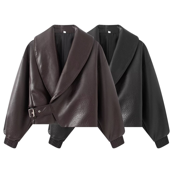 Women's Short Cut Wrap Jacket made of Leather Look with Large Shawl Collar and Waist Belt Amarae