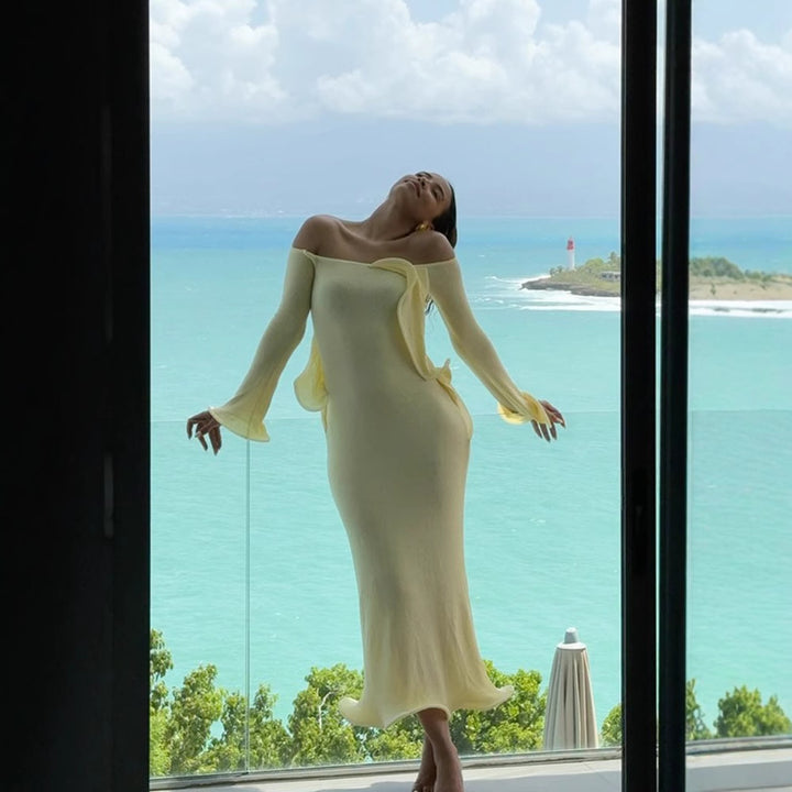 Women's Figure-Hugging Knit Maxi Dress with Off-the-Shoulder Neckline and Flared Sleeves Amarae