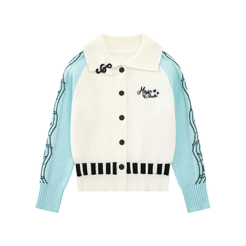 Women's cardigan with contrast sleeves, musical embroidery and polo collar Amarae