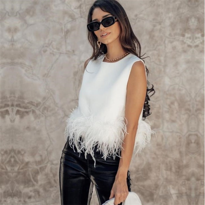 Ladies Elegant Top with Feathers and Chic Round Neck