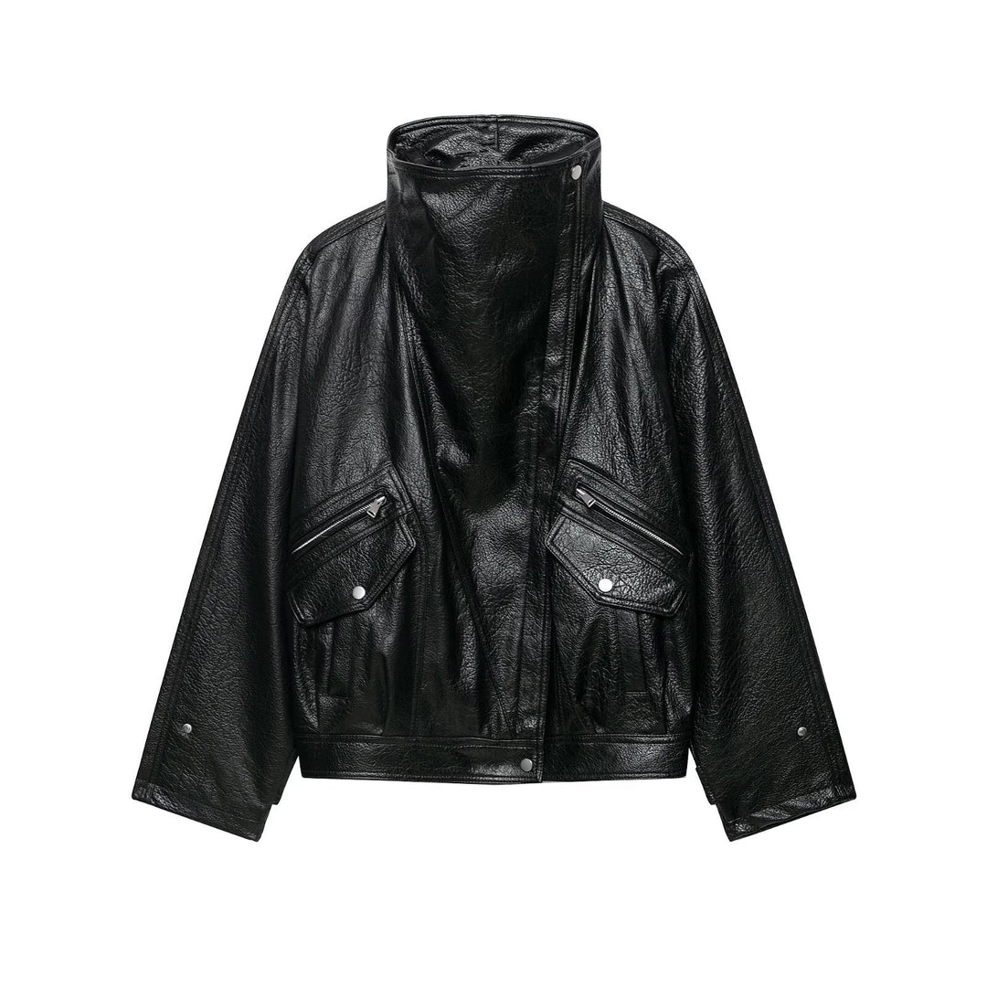 Women's Oversized Faux Leather Jacket with High Stand-Up Collar and Zipper Pockets Amarae