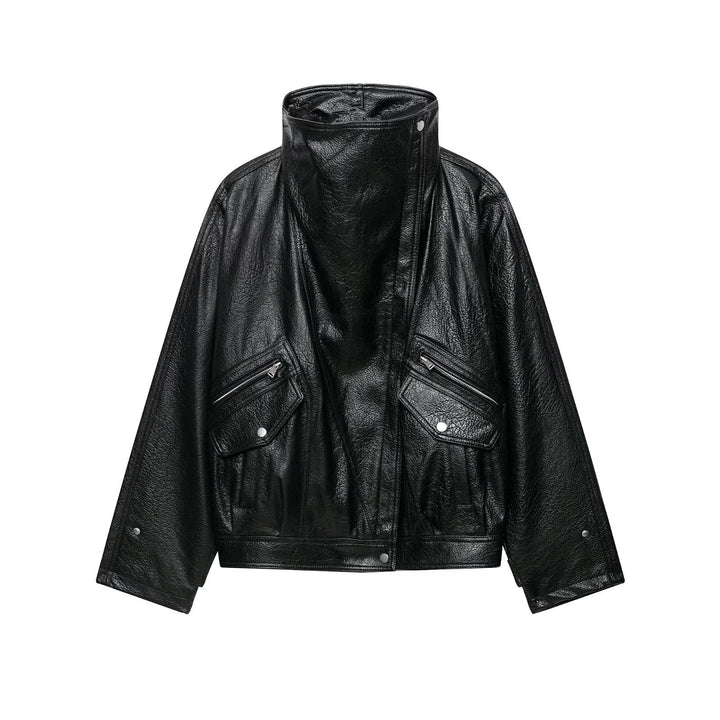 Women's Oversized Faux Leather Jacket with High Stand-Up Collar and Zipper Pockets Amarae