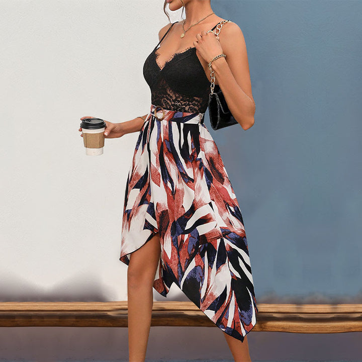 Asymmetrical flower dress for women with decorative belt Lune London