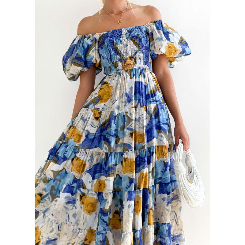 Maxi dress with ruffles off the shoulders for women with floral pattern Lune London