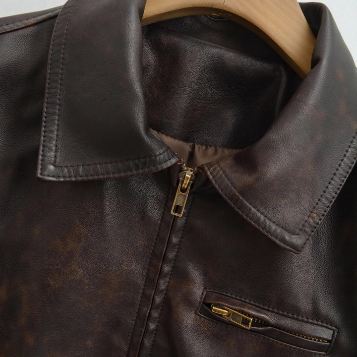 Men's vintage-inspired bomber style leather jacket with zipper and chest pocket Amarae