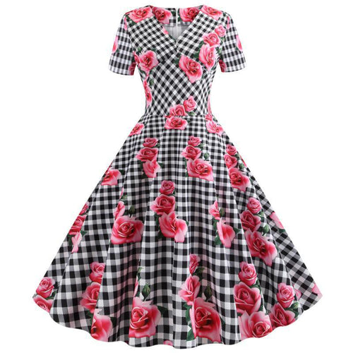 Robe Rockabilly Femme avec Motif Floral à Carreaux Chic & Stil