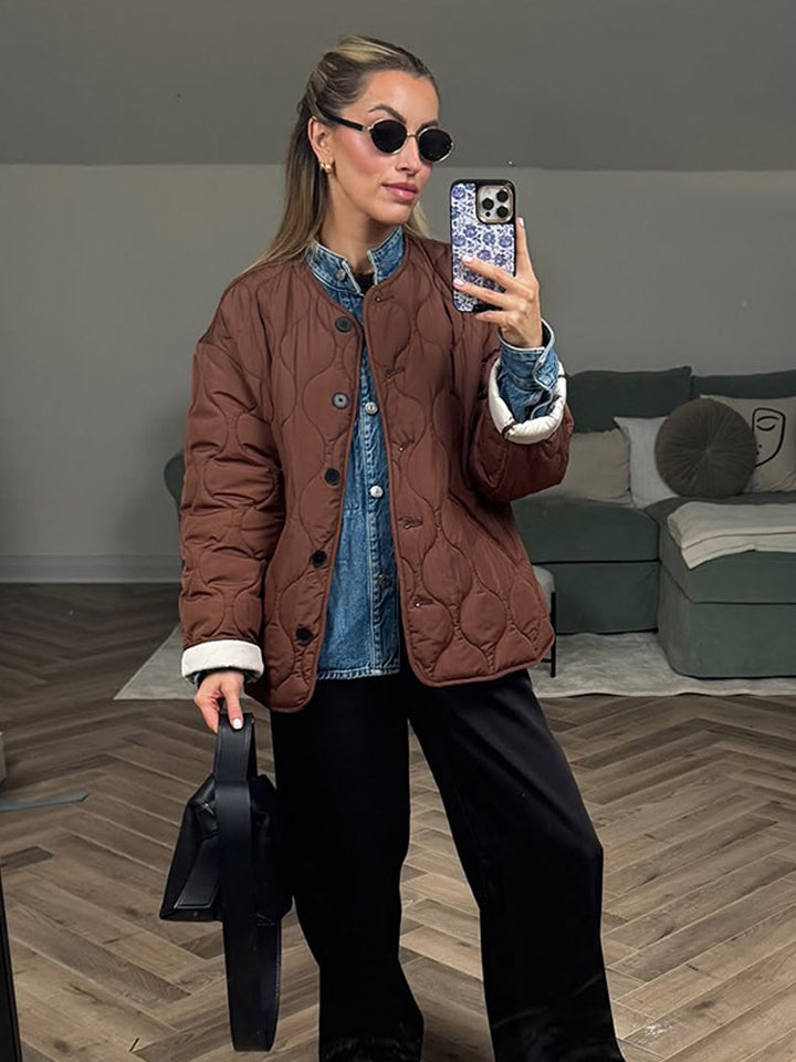 Women's quilted transitional jacket with round quilting, boxy silhouette and press stud placket Amarae